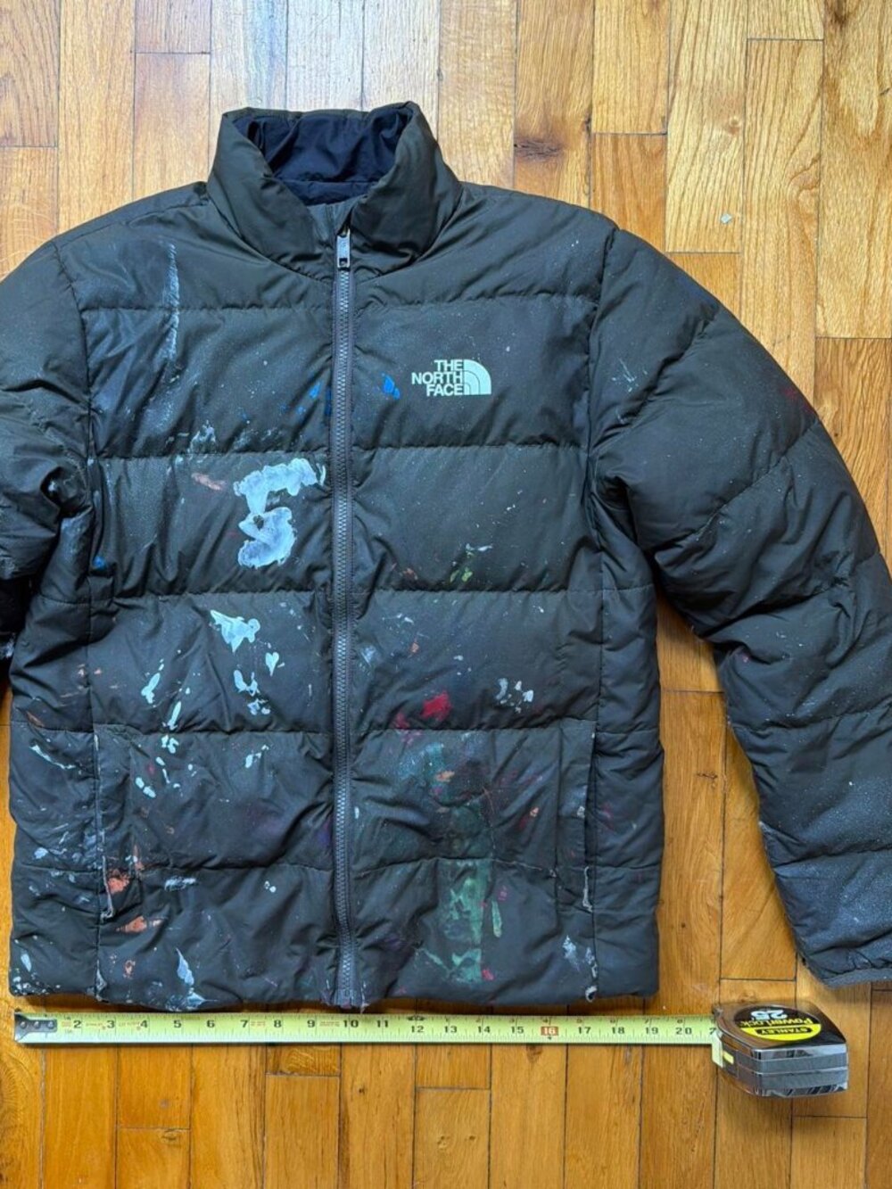 The North Face reversible olive green/black jacket with graffiti, small